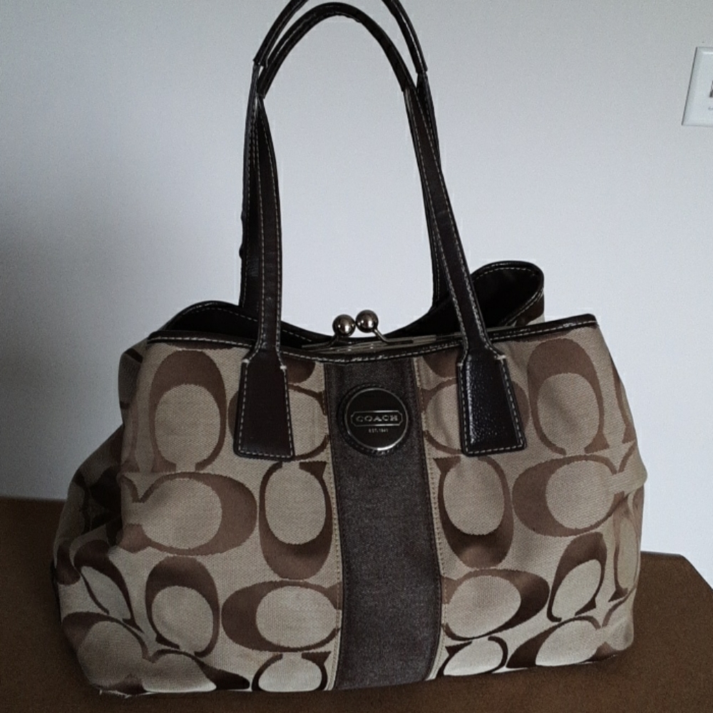 Coach Signature Stripe Frame Carryall, VGUC